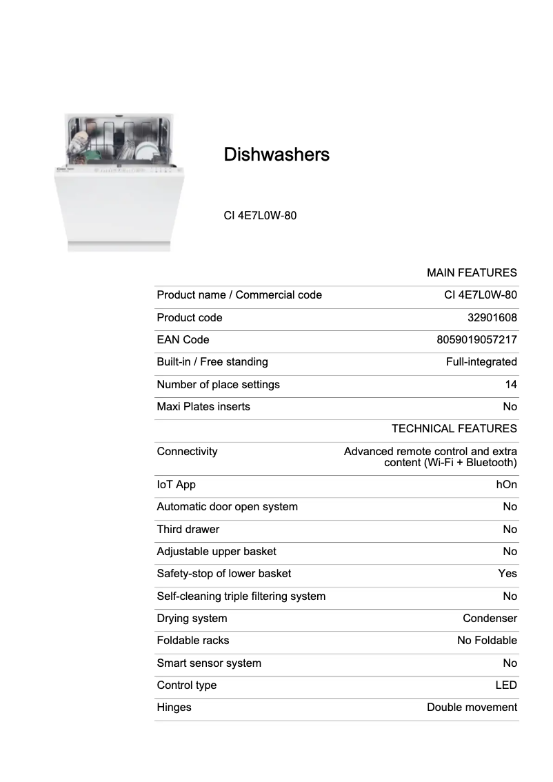 Page 1 de la notice Fiche technique Candy CI 4E7L0W-80