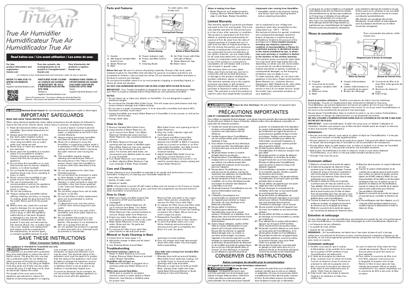 Page 1 de la notice Manuel utilisateur Hamilton Beach TrueAir 04700