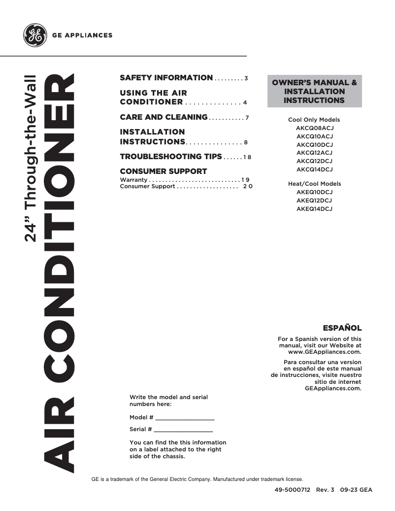 Page n°1 - Guide d'installation GE AKCQ14DCJ