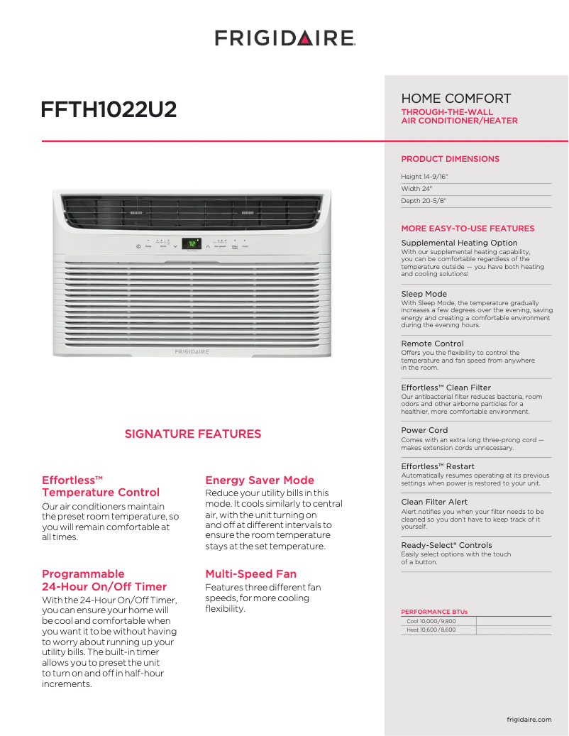 Page 1 of the manual Technical Sheet Frigidaire FFTH1022U2