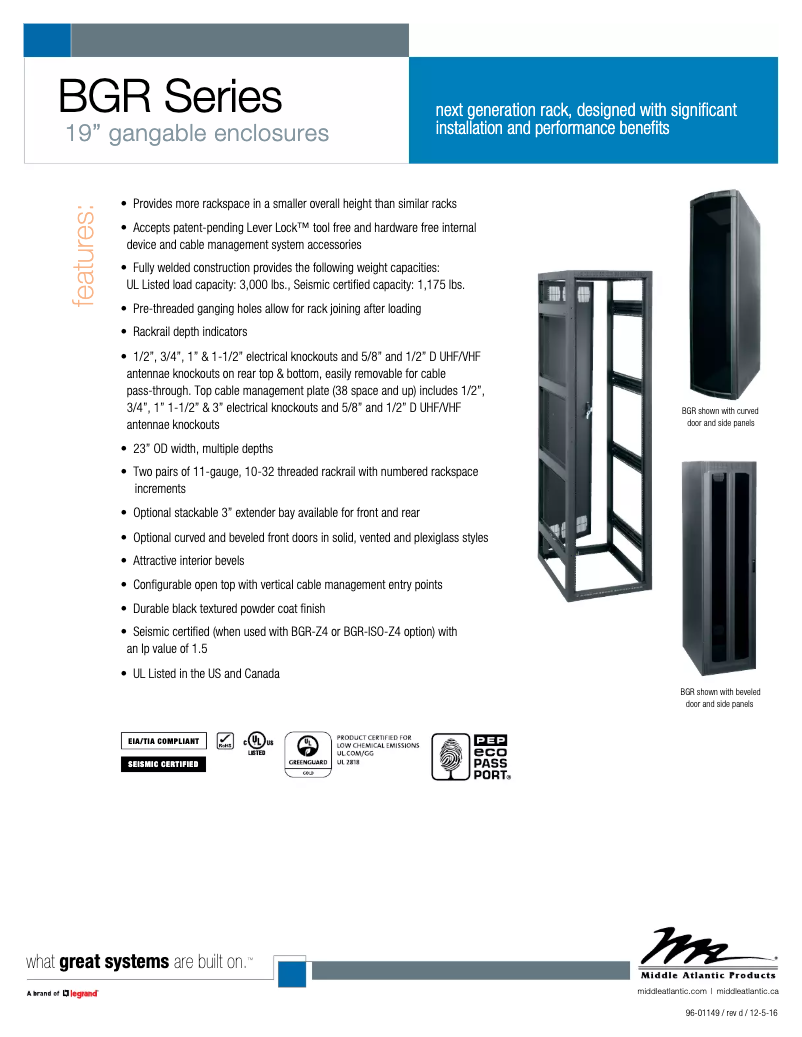 Page 1 de la notice Manuel utilisateur Middle Atlantic IBGR-276FT-FC