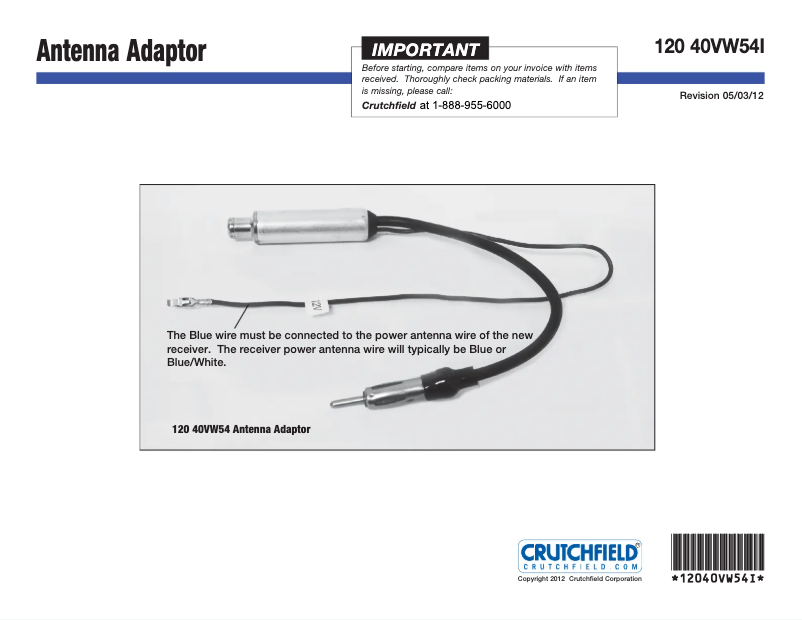 Page n°1 - Manuel utilisateur Metra AntennaWorks 40-VW54