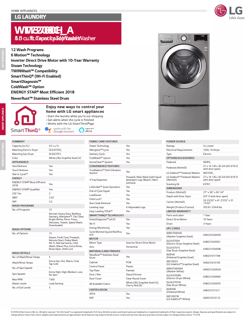 Page 1 de la notice Fiche technique LG WM3700HVA