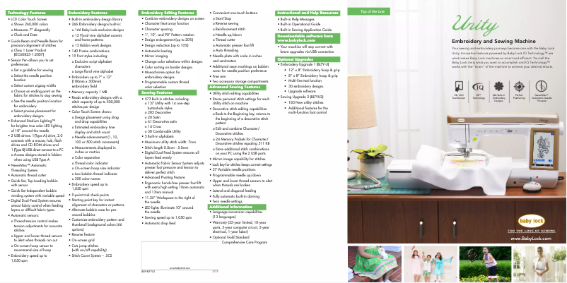 Page 1 de la notice Fiche technique Baby Lock Unity BLTY