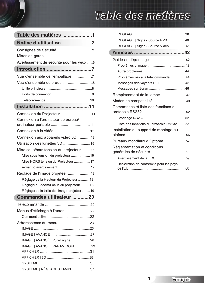 Page 1 de la notice Manuel utilisateur Optoma HD33