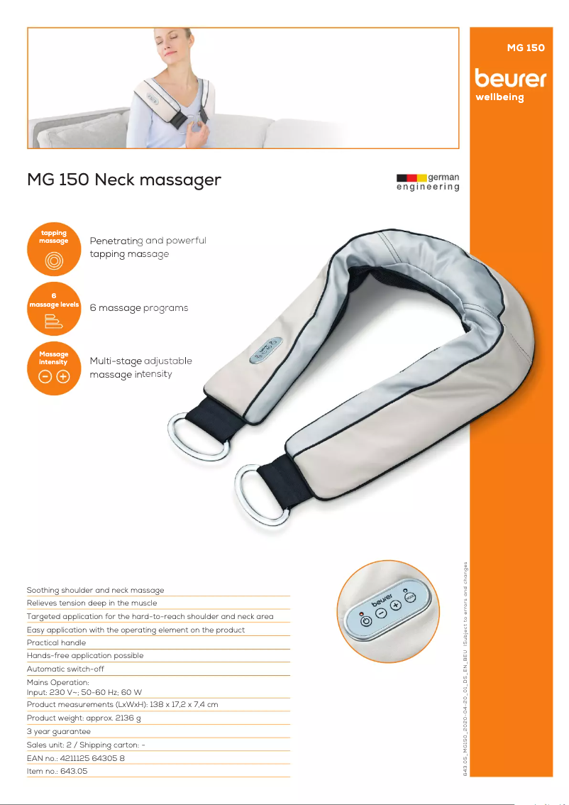 Page 1 de la notice Fiche technique Beurer MG 150