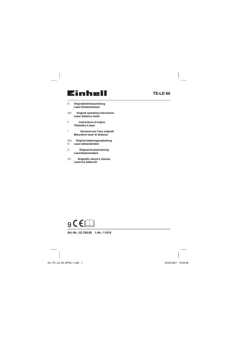 Page 1 de la notice Manuel utilisateur Einhell TE-LD 60