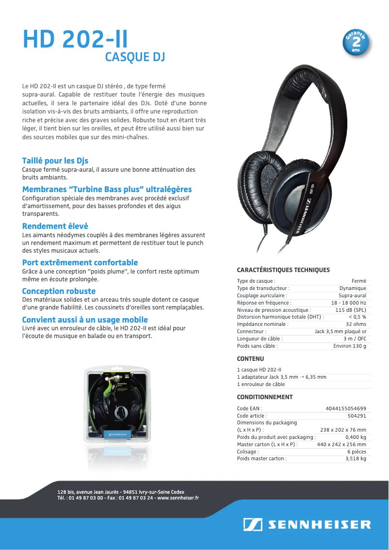 Page n°1 - Fiche technique Sennheiser HD 202