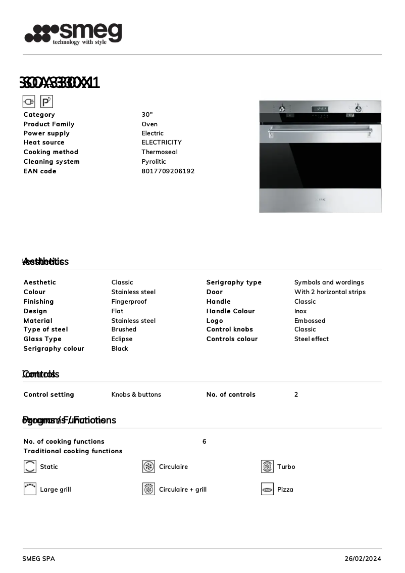 Page 1 de la notice Fiche technique Smeg SOA330X1