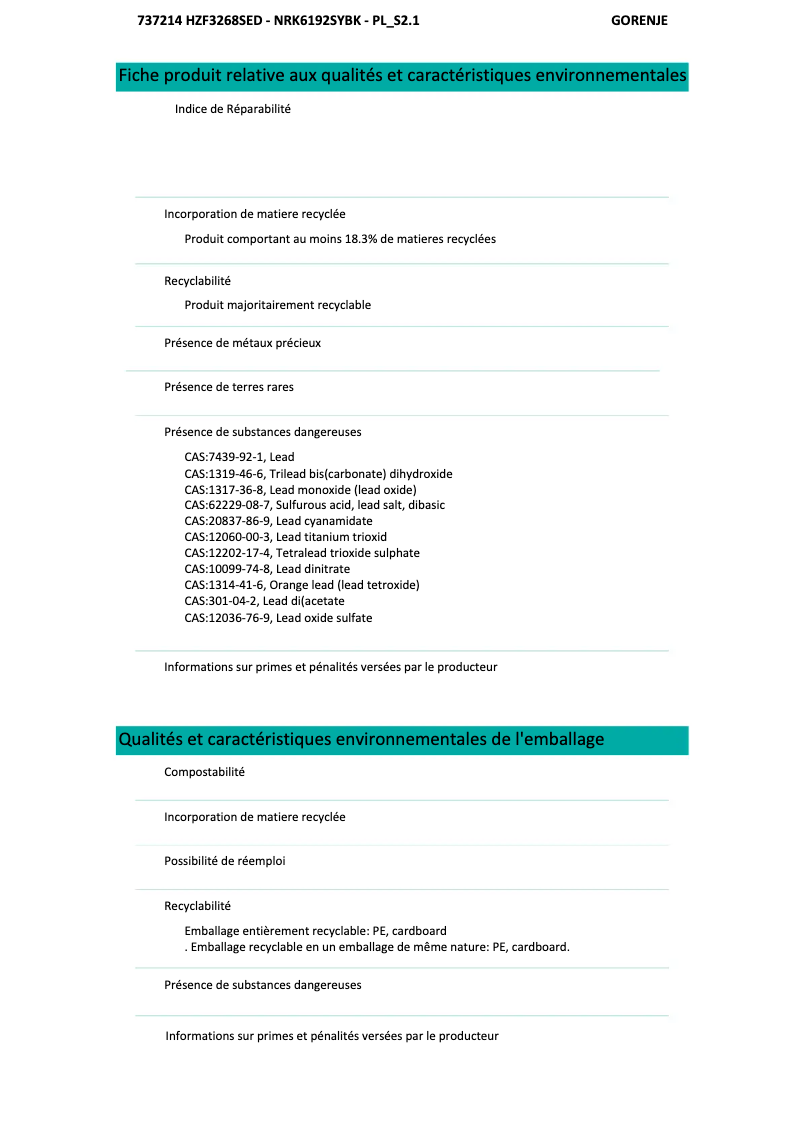 Page n°1 - Fiche technique Gorenje NRK6192SYBK