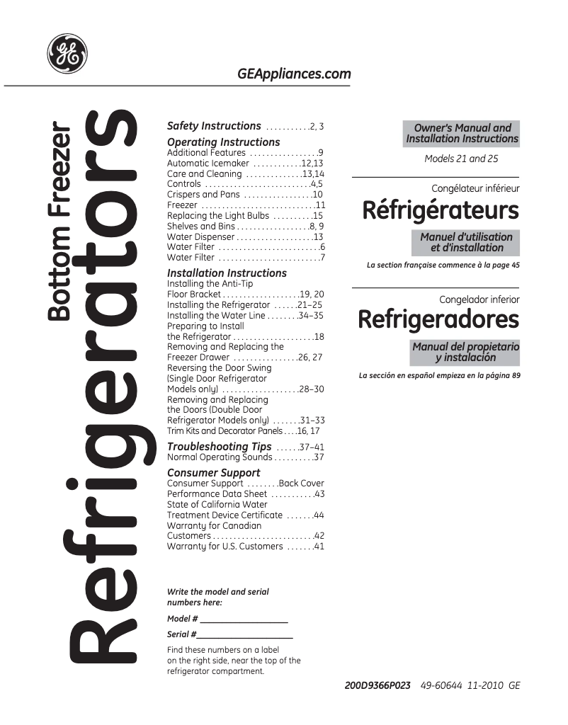Page n°1 - Manuel utilisateur GE PFCF1RKZBB