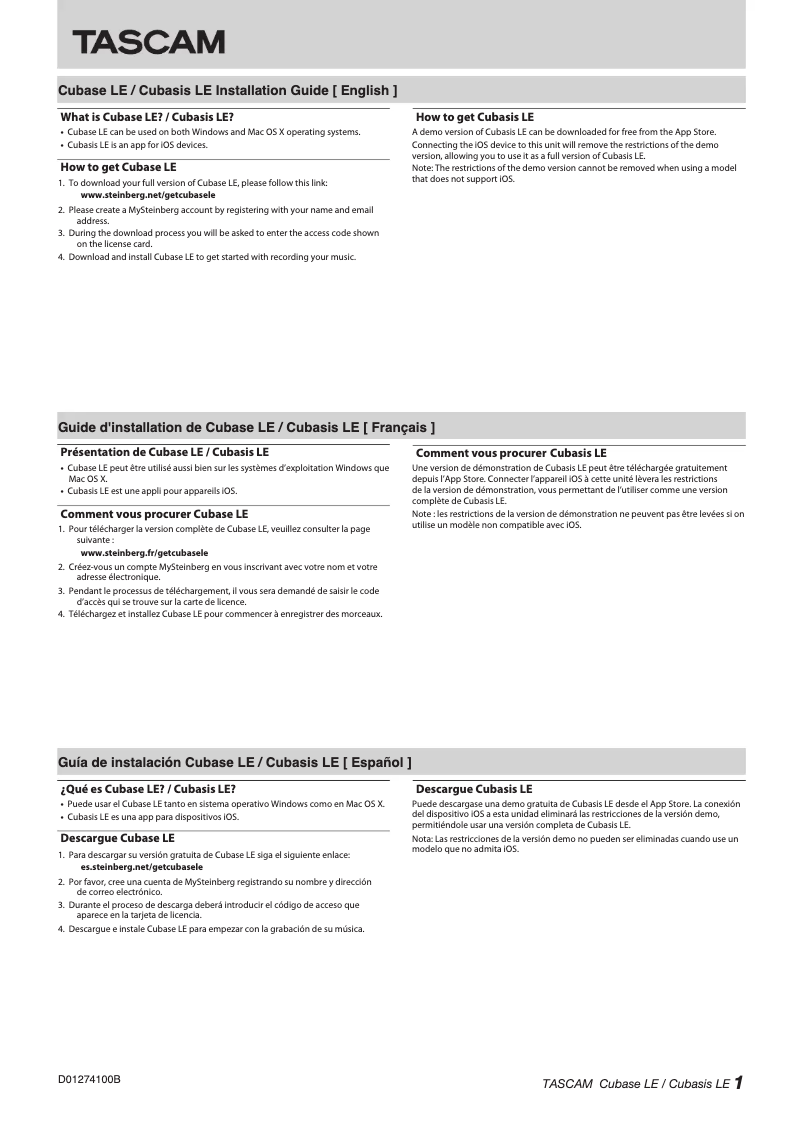 Page 1 de la notice Guide d'installation Tascam US-2X2HR