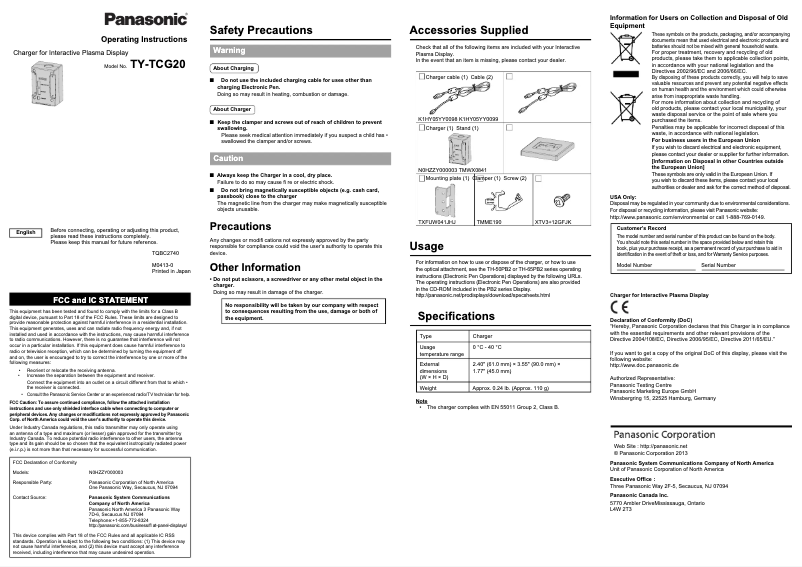 Page 1 de la notice Manuel utilisateur Panasonic TY-TCG20