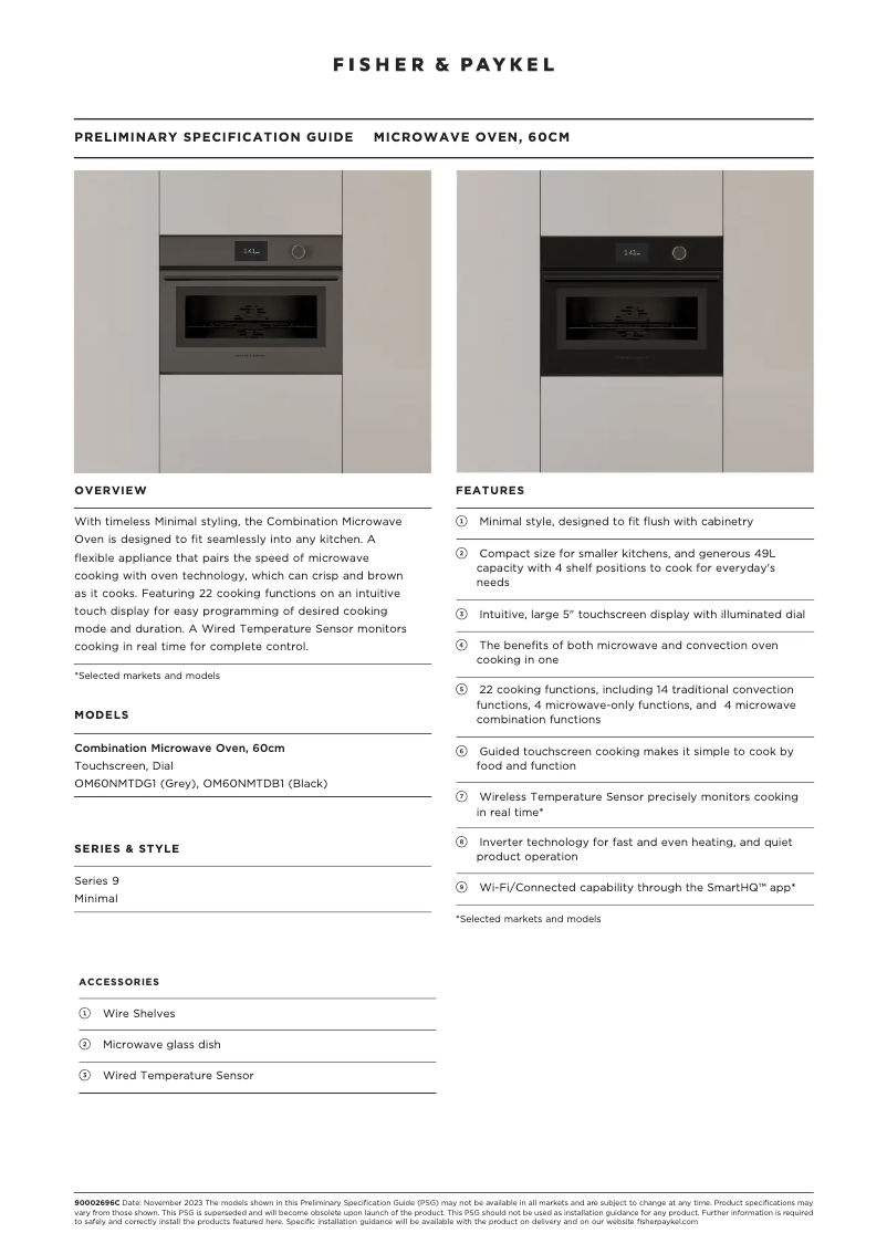 Page 1 de la notice Fiche technique Fisher & Paykel OM60NMTDG1