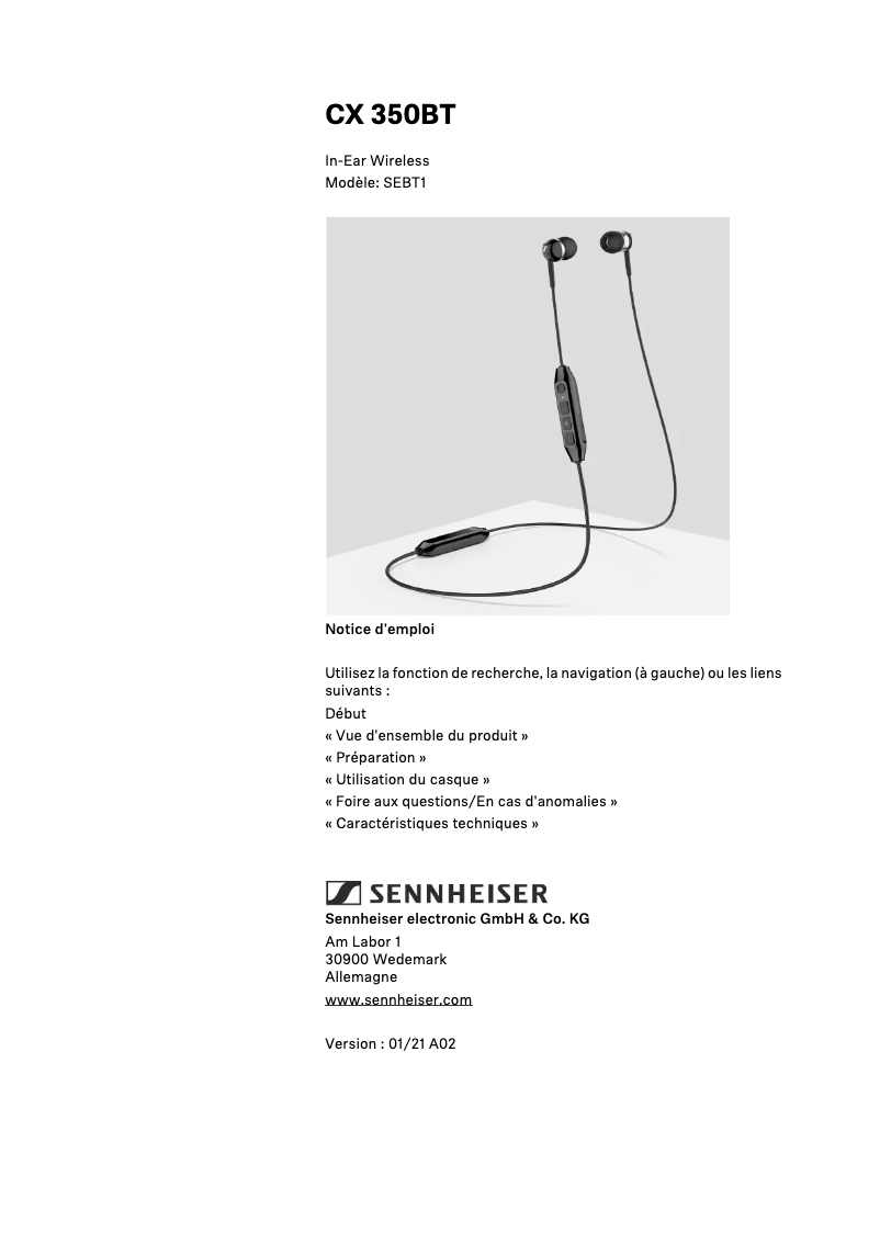 Page 1 de la notice Manuel utilisateur Sennheiser CX 350BT