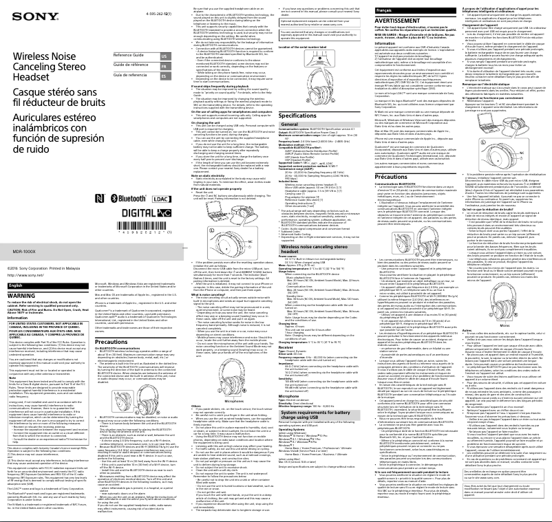 Page 1 de la notice Manuel utilisateur Sony MDR-1000X