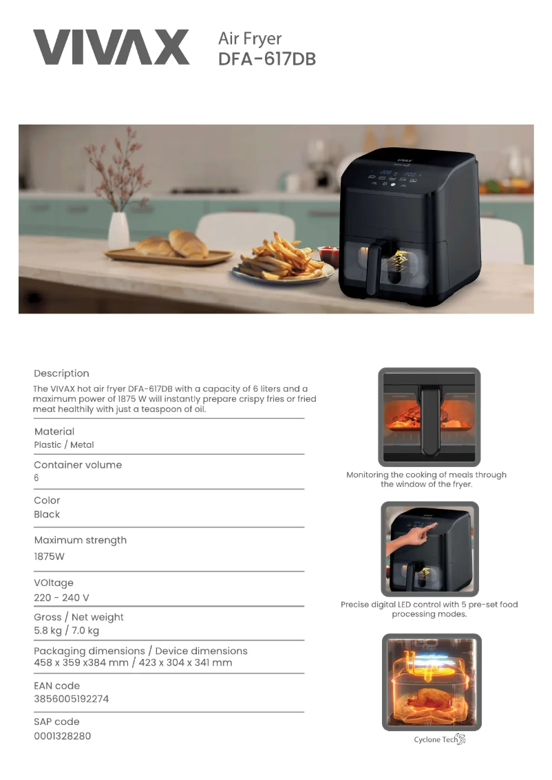 Page 1 de la notice Fiche technique Vivax DFA-617DB