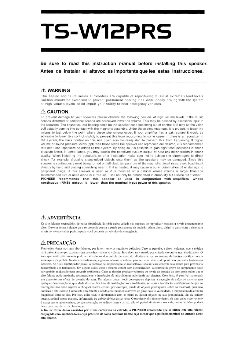 Page 1 de la notice Manuel utilisateur Pioneer TS-W12PRS