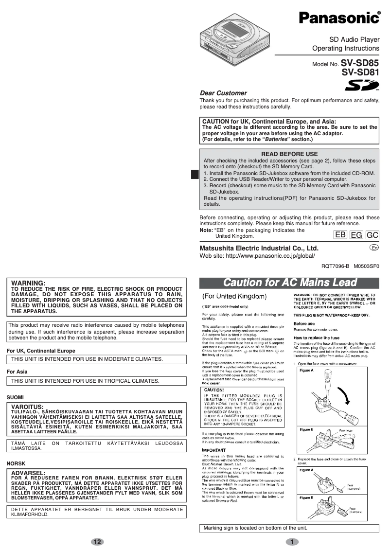 Page 1 de la notice Manuel utilisateur Panasonic SV-SD81