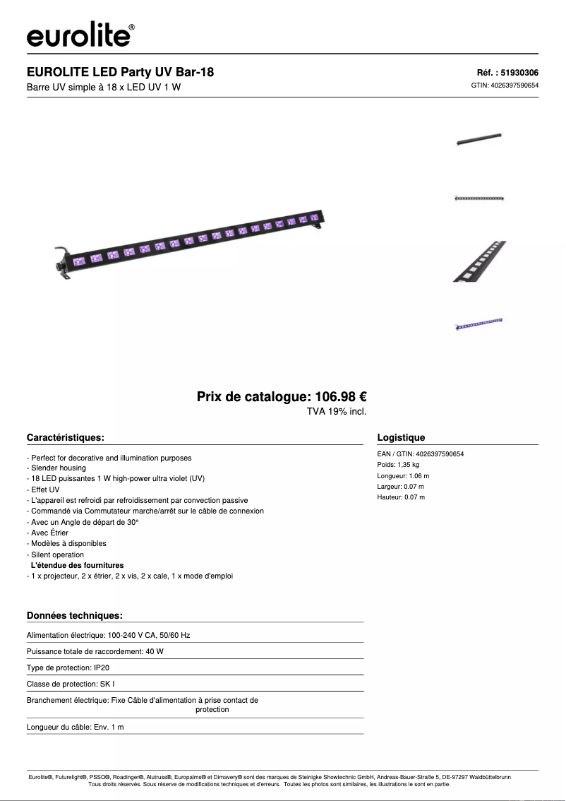 Page 1 de la notice Fiche technique Eurolite LED Party UV Bar-18