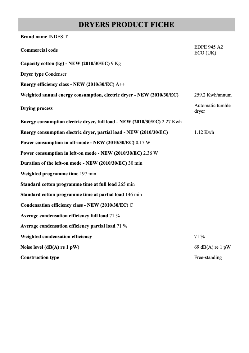 Page 1 de la notice Fiche technique Indesit EDPE 945 A2 ECO (UK)