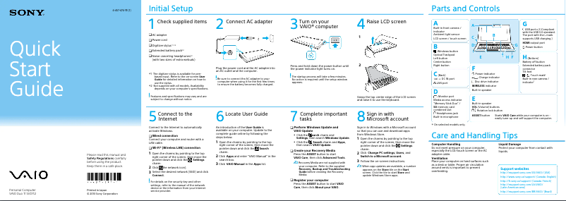 Page 1 de la notice Guide d'installation Sony Vaio Duo 11 SVD11225PDB