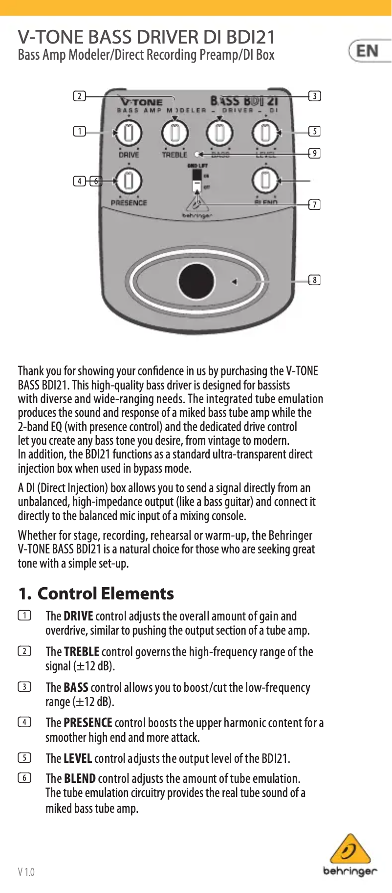 Page n°1 - Manuel utilisateur Behringer V-Tone Bass Driver DI BDI21