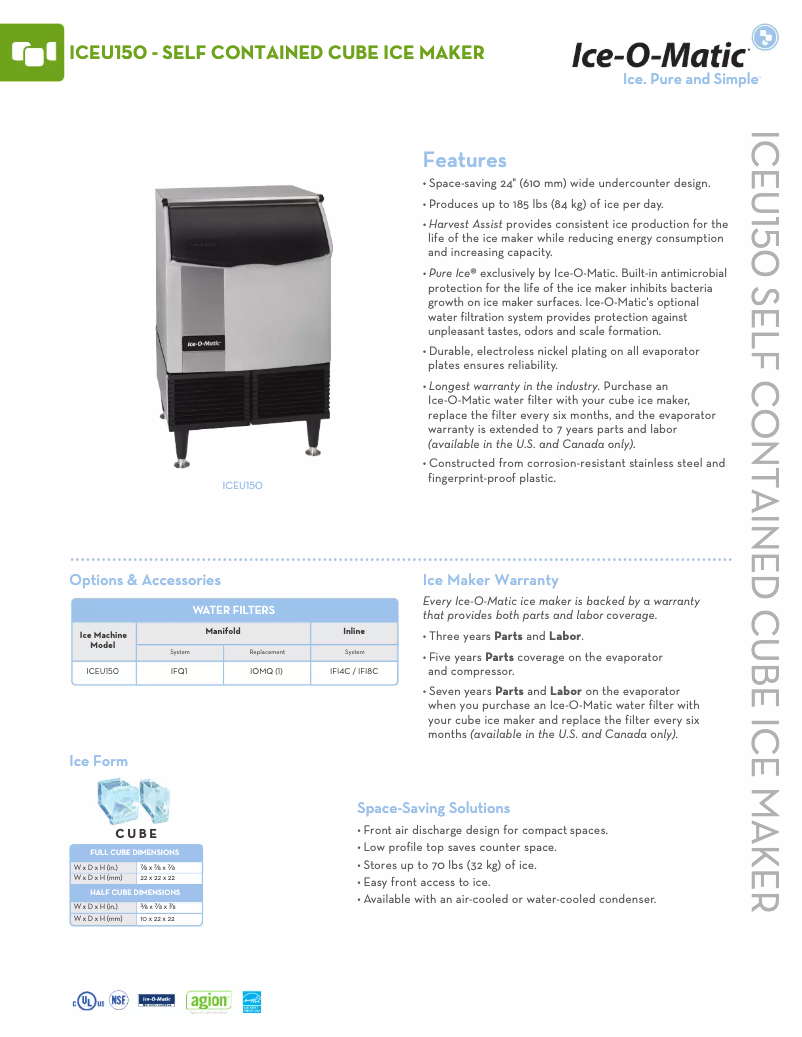 Page 1 de la notice Fiche technique Ice-O-Matic ICEU150FA