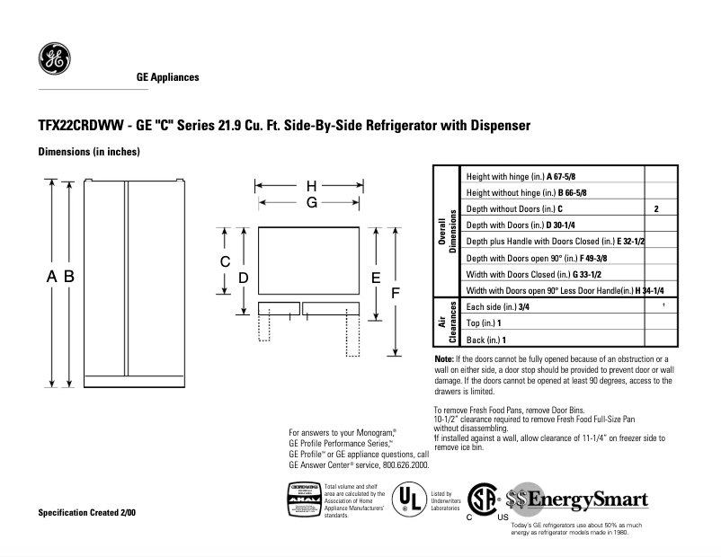 Page n°1 - Fiche technique GE TFX22CRDWW