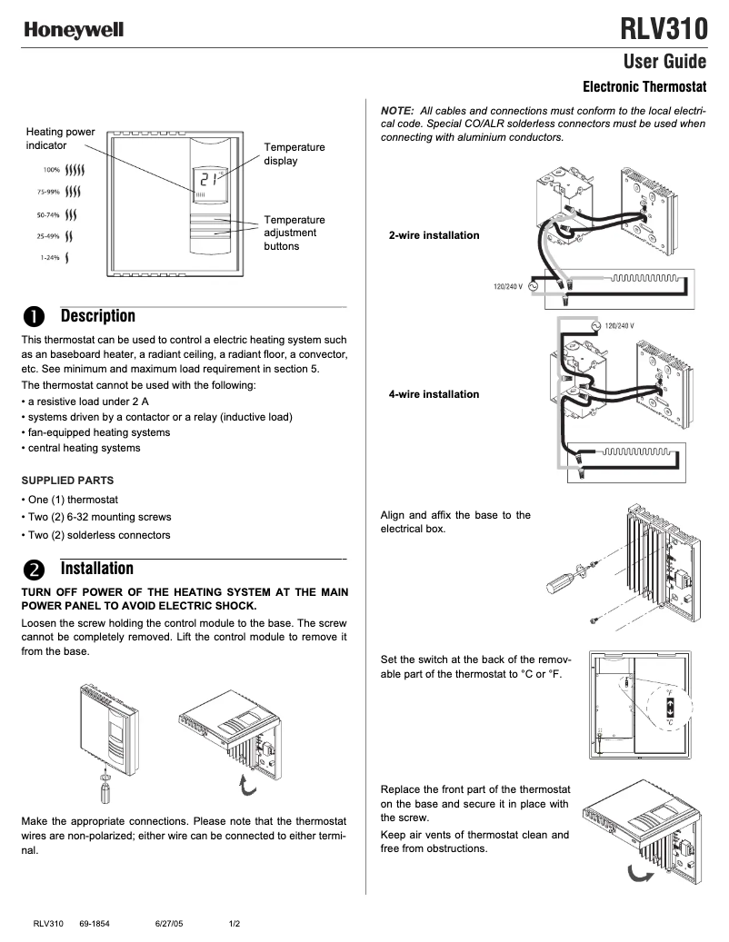 Page 1 de la notice Manuel utilisateur Honeywell RLV310