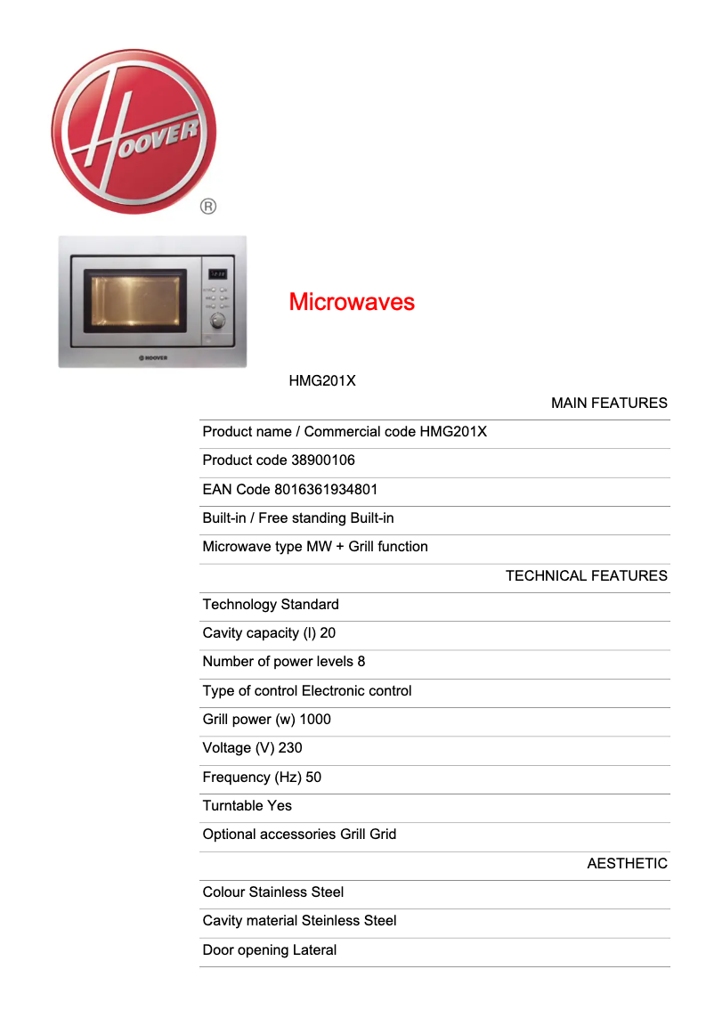 Página 1 del manual Ficha técnica Hoover HMG201X