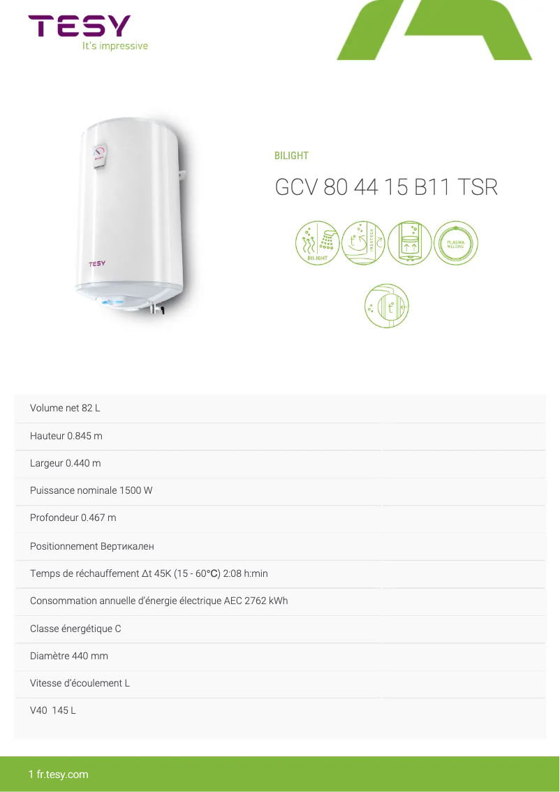 Page 1 de la notice Fiche technique Tesy BiLight 80