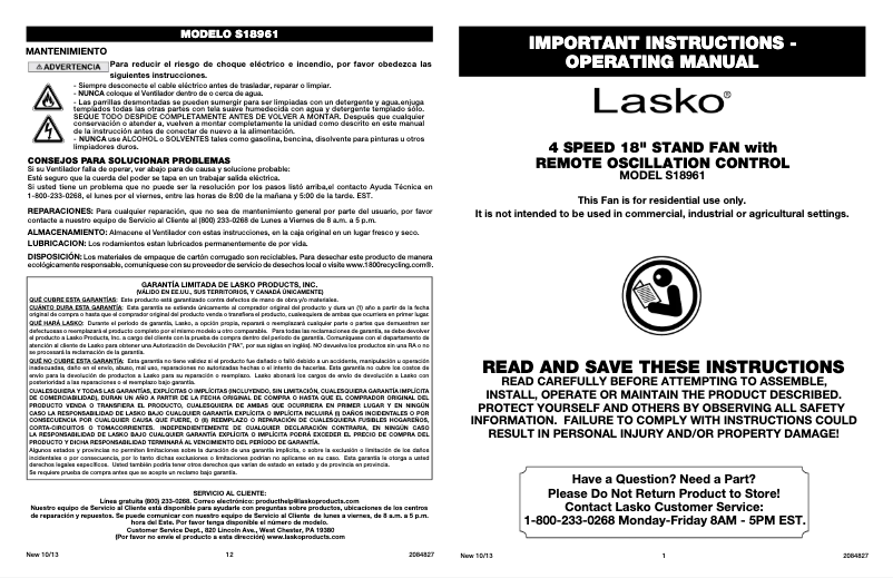 Page 1 de la notice Manuel utilisateur Lasko S18961
