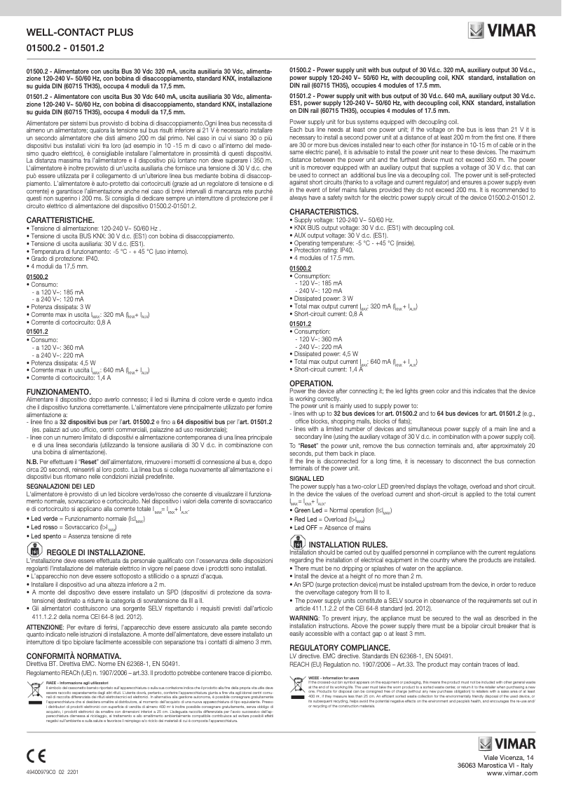 Page 1 de la notice Manuel utilisateur Vimar 01501.2