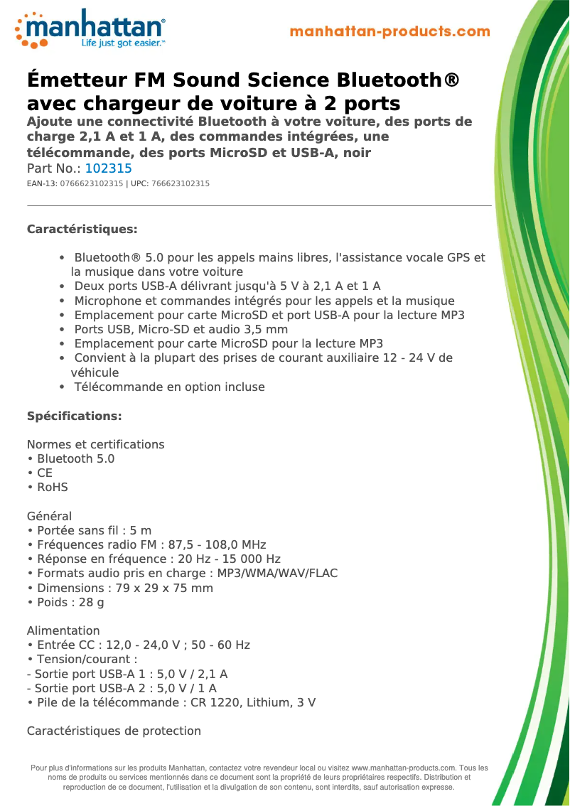 Page 1 de la notice Fiche technique Manhattan 102315
