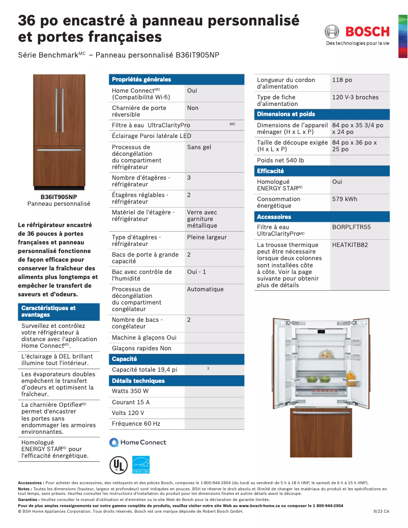 Page 1 de la notice Fiche technique Bosch B36IT905NP