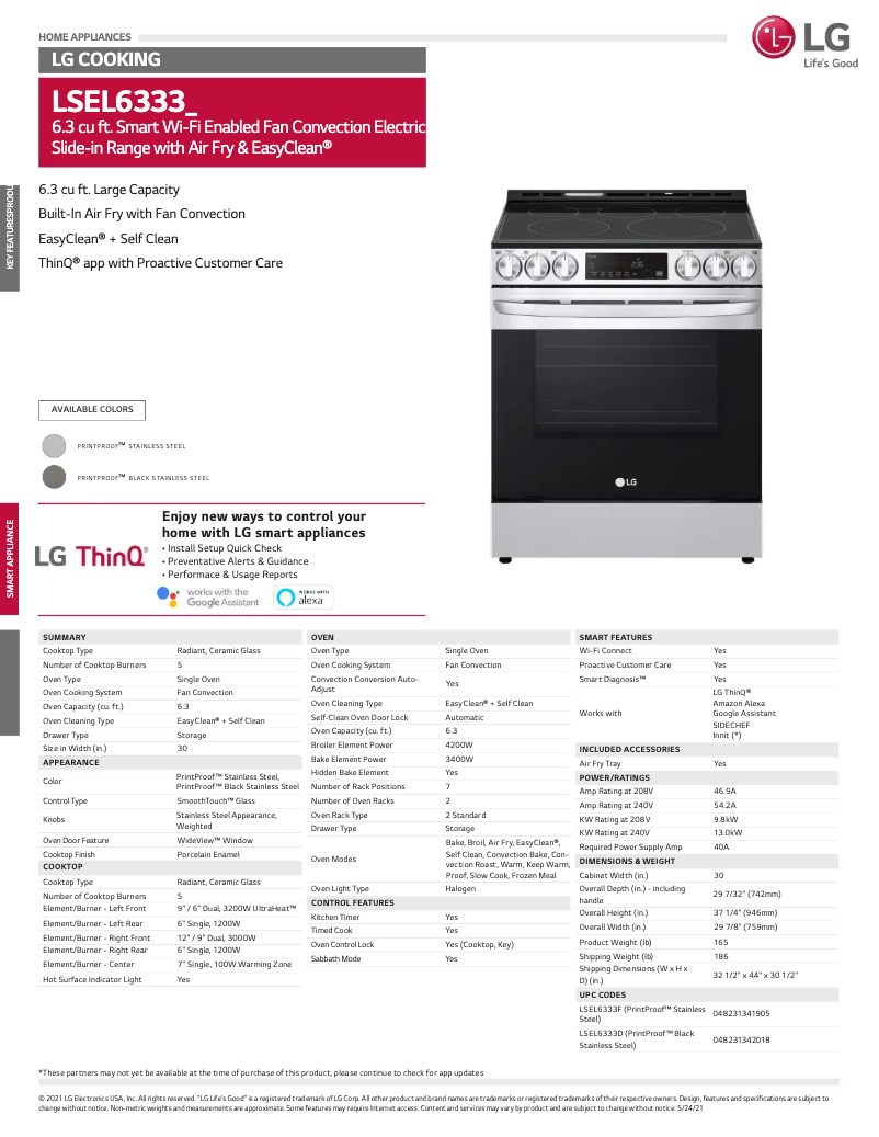 Page 1 de la notice Fiche technique LG LSEL6333D