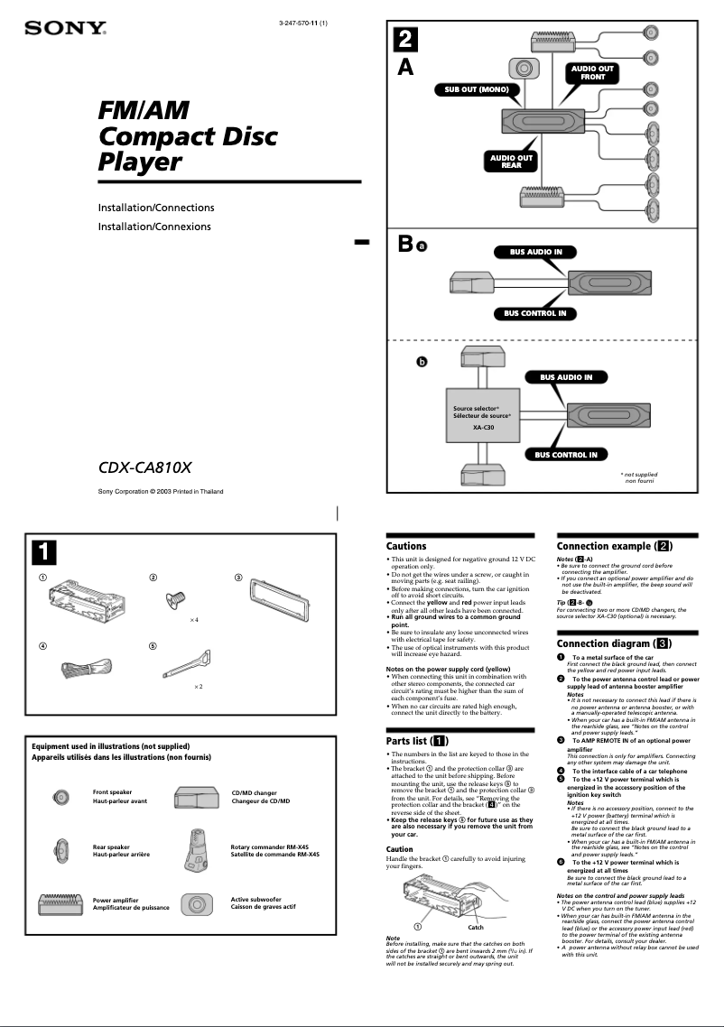 Page 1 de la notice Guide d'installation Sony CDX-CA810X