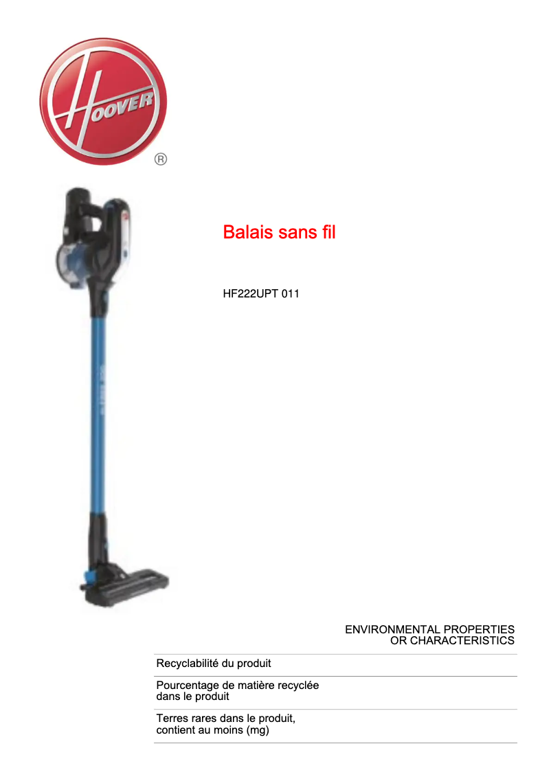 Page 1 de la notice Fiche technique Hoover H-FREE 200 HF222UPT 011