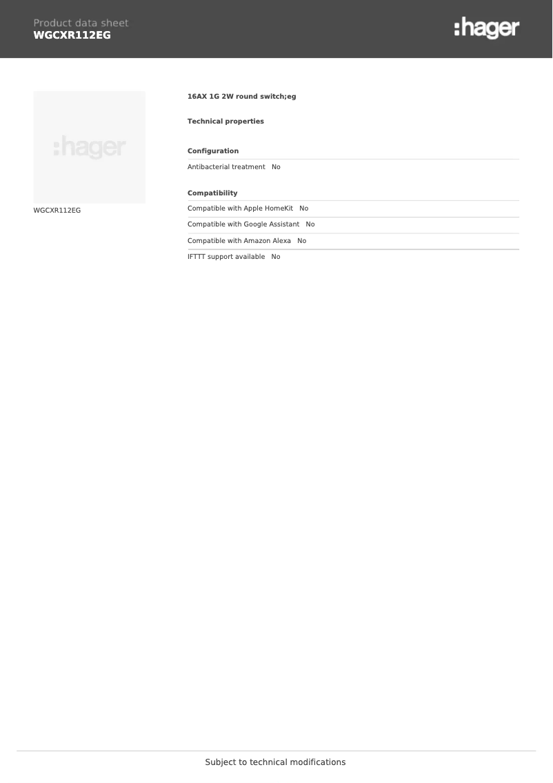 Page 1 de la notice Fiche technique Hager WGCXR112EG