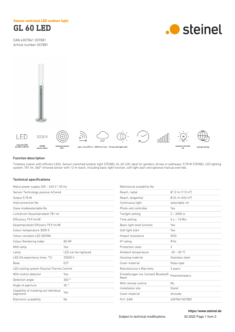 Page 1 de la notice Fiche technique Steinel GL 60 LED
