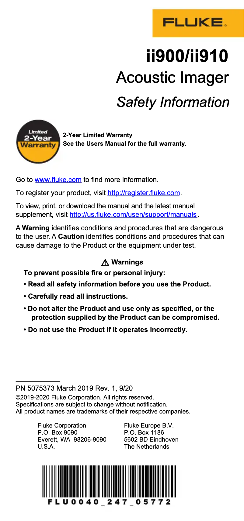 Page n°1 - Instructions de sécurité Fluke ii910