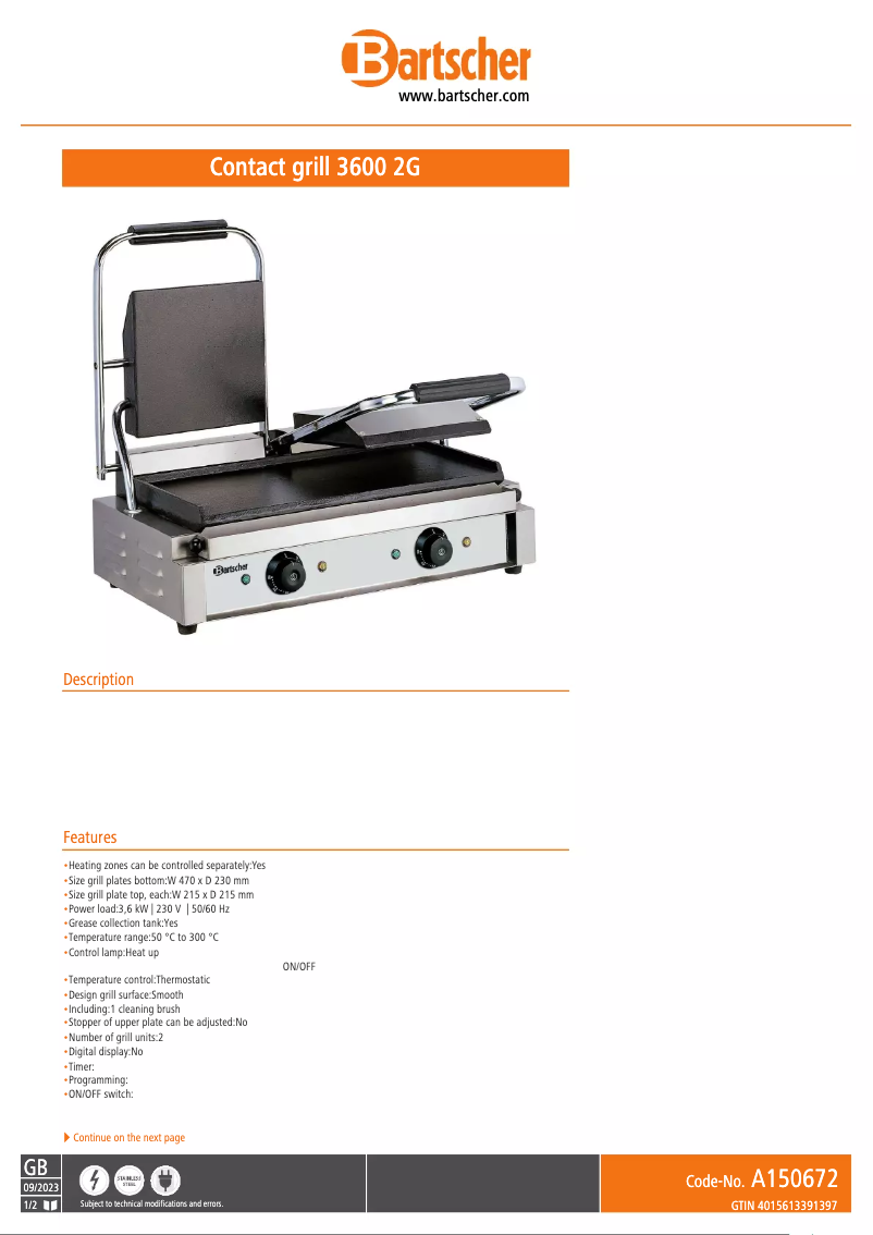 Page n°1 - Fiche technique Bartscher A150672