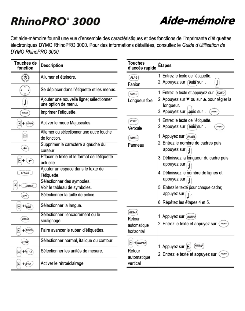 Page n°1 - Guide de démarrage rapide Dymo Rhino Pro 3000