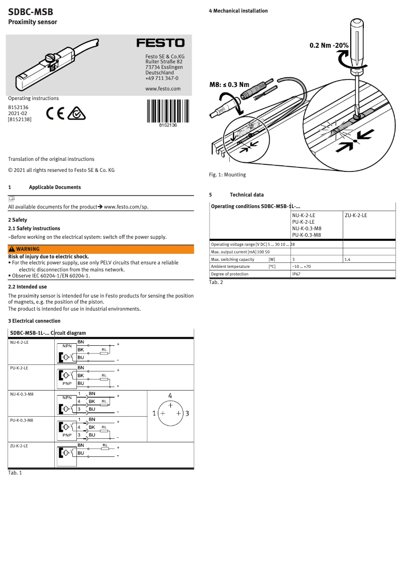 Image de la première page du manuel de l'appareil SDBC-MSB-1L-NU-K-0.3-M8
