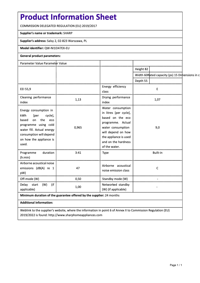Image de la première page du manuel de l'appareil QW-NI1EI47EX-EU