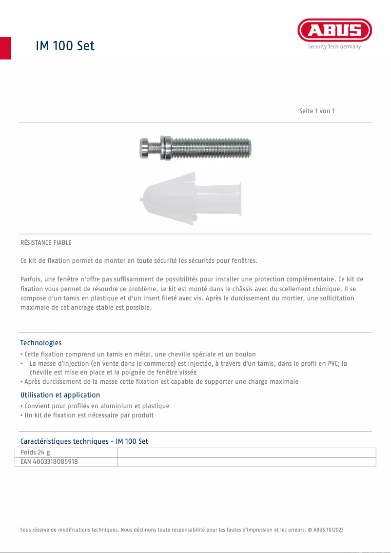 Page n°1 - Fiche technique Abus IM100