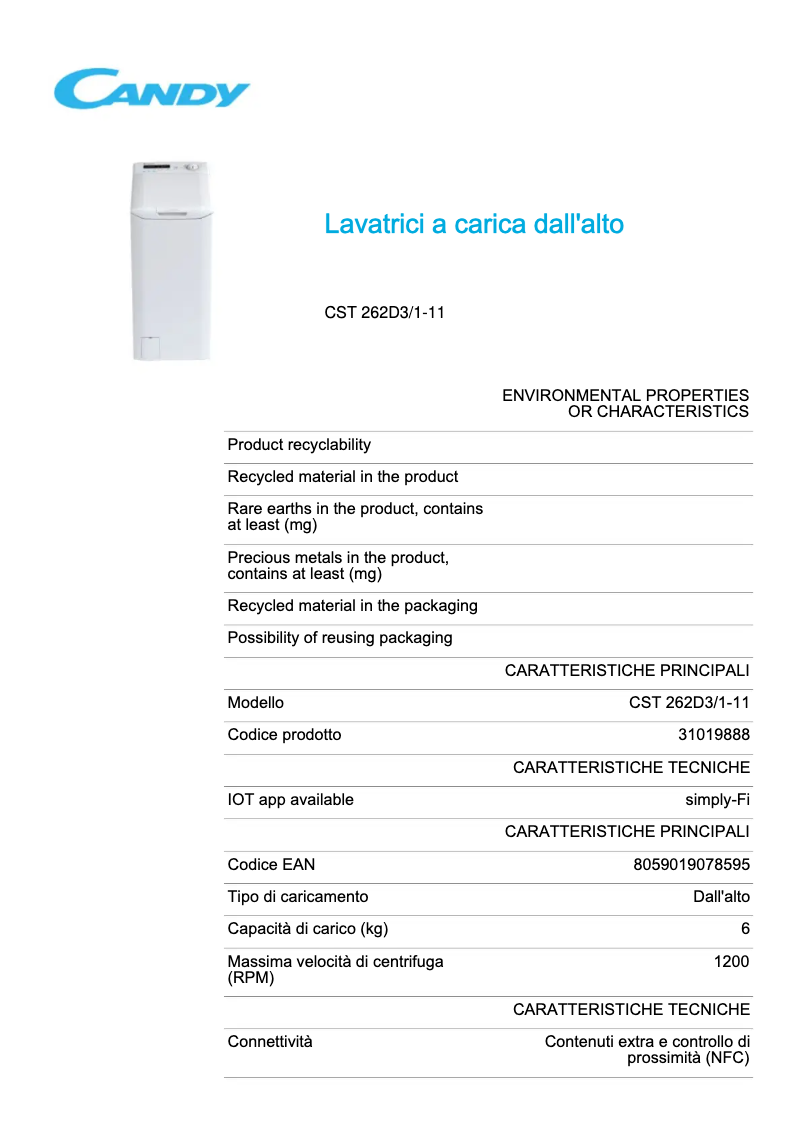 Page 1 de la notice Fiche technique Candy CST 262DE1-11