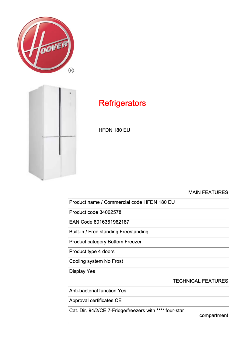 Page 1 de la notice Fiche technique Hoover HFDN 180 EU