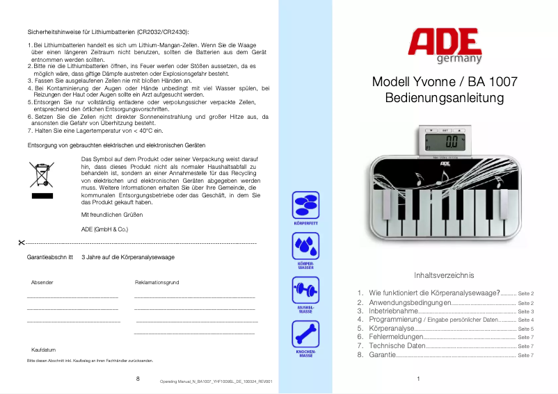 Page 1 de la notice Manuel utilisateur ADE Yvonne BA 1007